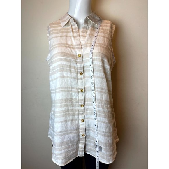 Ellen Tracy Womens 100% Linen Button-Up Shirt Top Sleeveless Tan White SZ Small - Picture 3 of 8